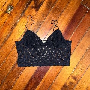 Free People black lacy low cut spaghetti strap crop top, size L